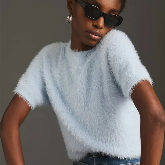 Anthropologie Pilcro Eyelash Short-Sleeve Jumper Crop Cropped Sweater S Small - Picture 1 of 7